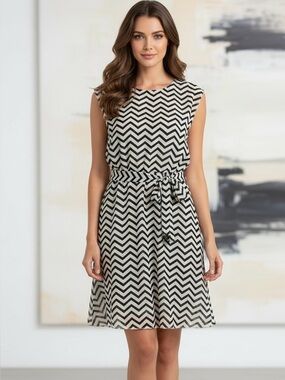 Tacera Black Cream Chevron Print Sleeveless Dress Belt Tie Length Small